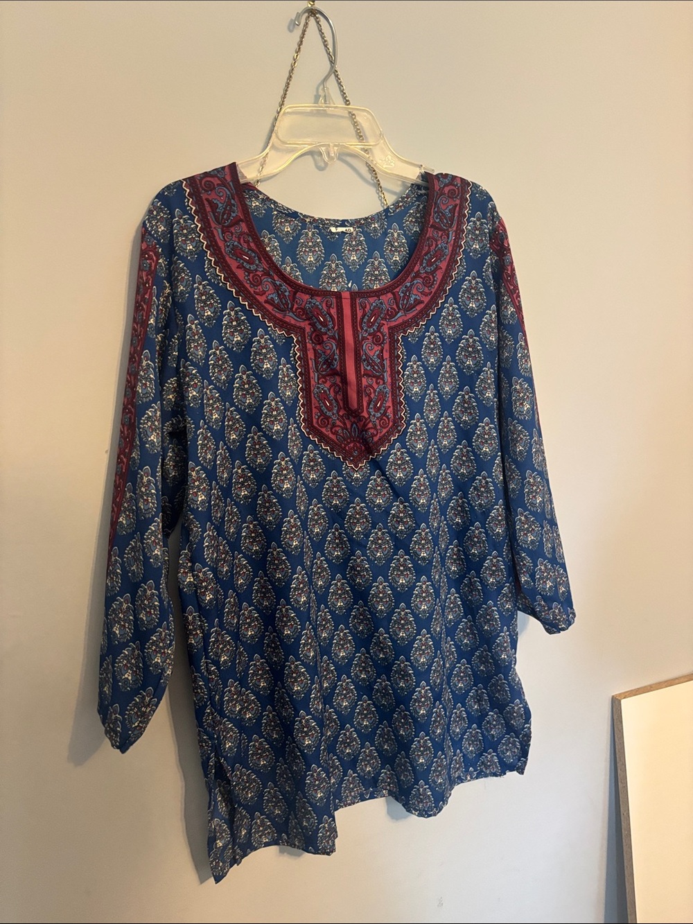 Bohemian Blue Printed Tunic Top with Red Yoke